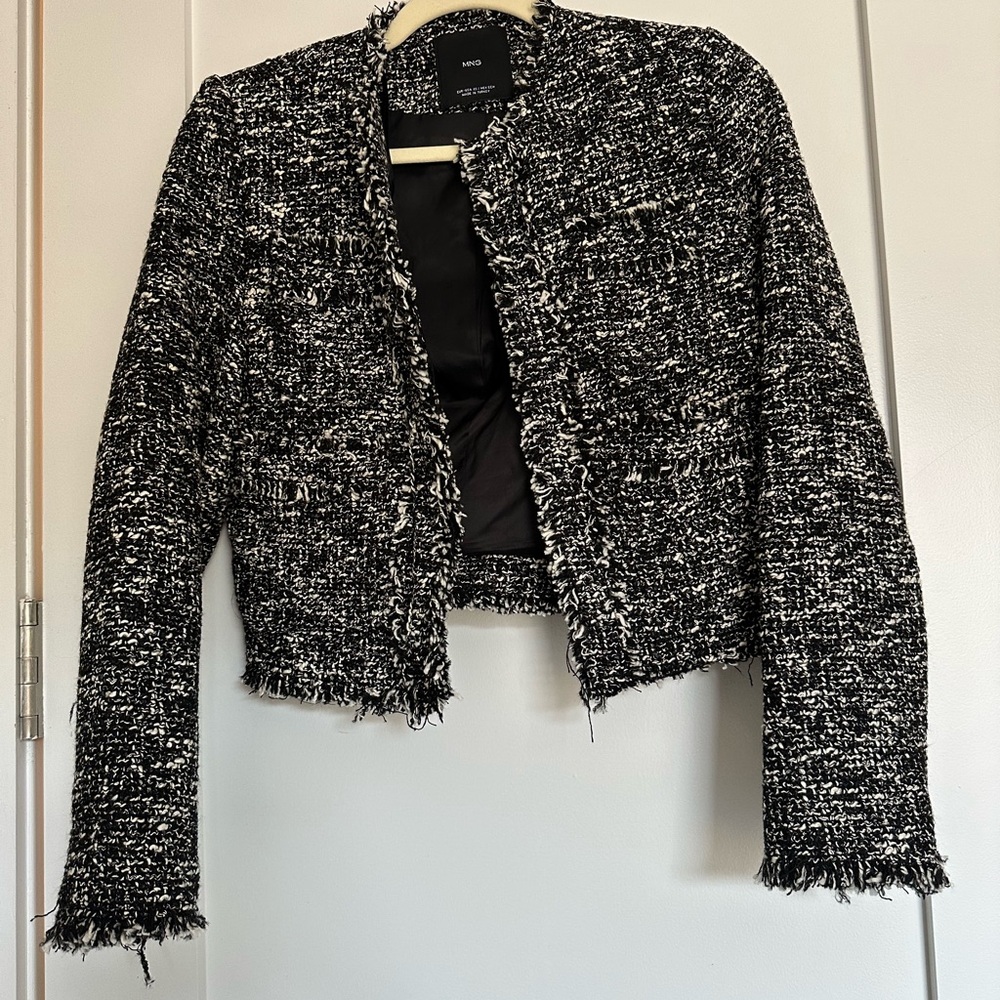 Mango Black and White Tweed Blazer with Fringed Trim